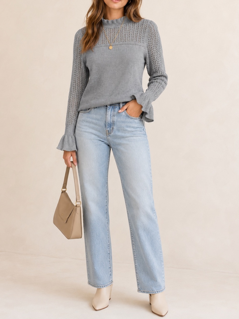 LOFT Gray Pointelle Knit Mock Neck Sweater Size M